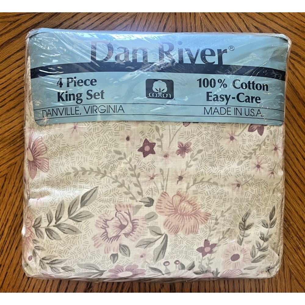 Vintage Dan River KING Sheet Set Beige Tan Floral All Cotton USA Cottagecore NEW